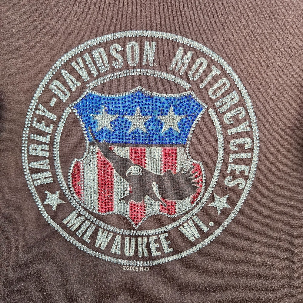 Harley Davidson Tee Top Women Large Las Vegas NV Eagle Flag‎ Long Sleeve Brown